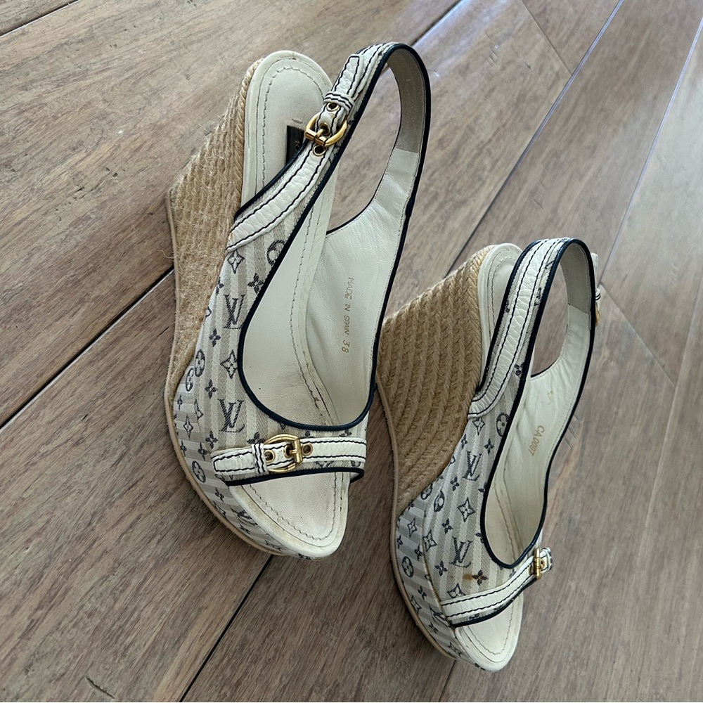 Louis Vuitton Cream Monogram Print Wedges